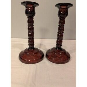Vintage Amethyst Glass Candlesticks — 8" Taper Holders — Stacked Ball Stem  Pair